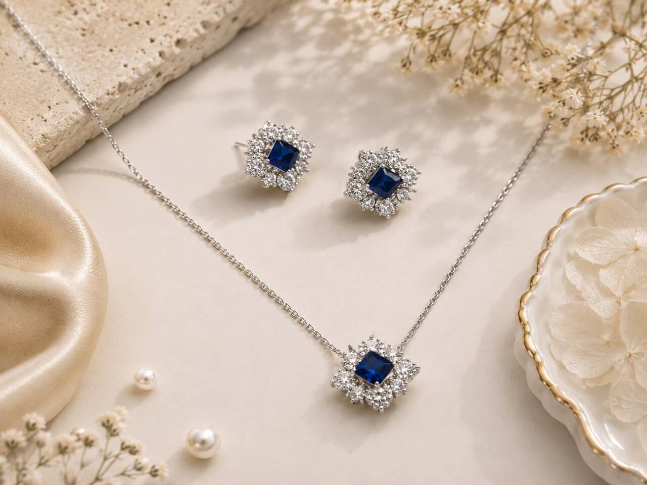 Royal Sapphire Halo Pendant Set | 925 Sterling Silver | Veera Aabha