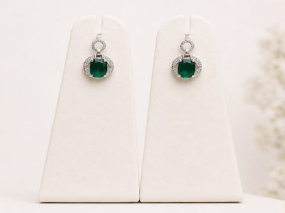 Emerald Halo Drop Earrings | 925 Sterling Silver | Veera Aabha