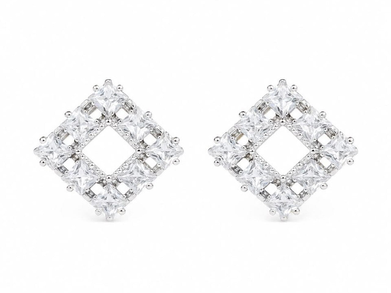 Celestial Square Halo Stud Earrings | 925 Sterling Silver | Veera Aabha