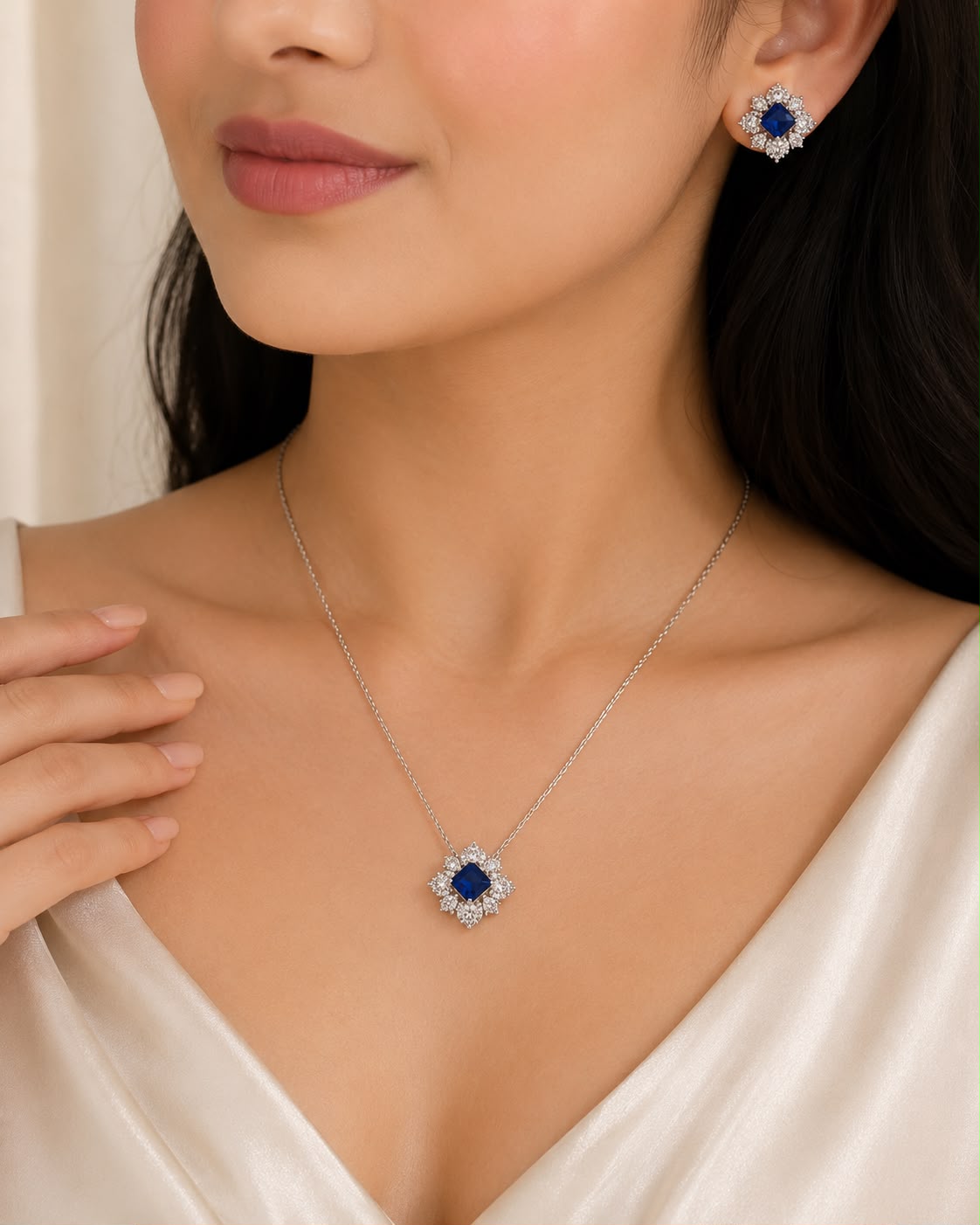 Royal Sapphire Halo Pendant Set | 925 Sterling Silver | Veera Aabha