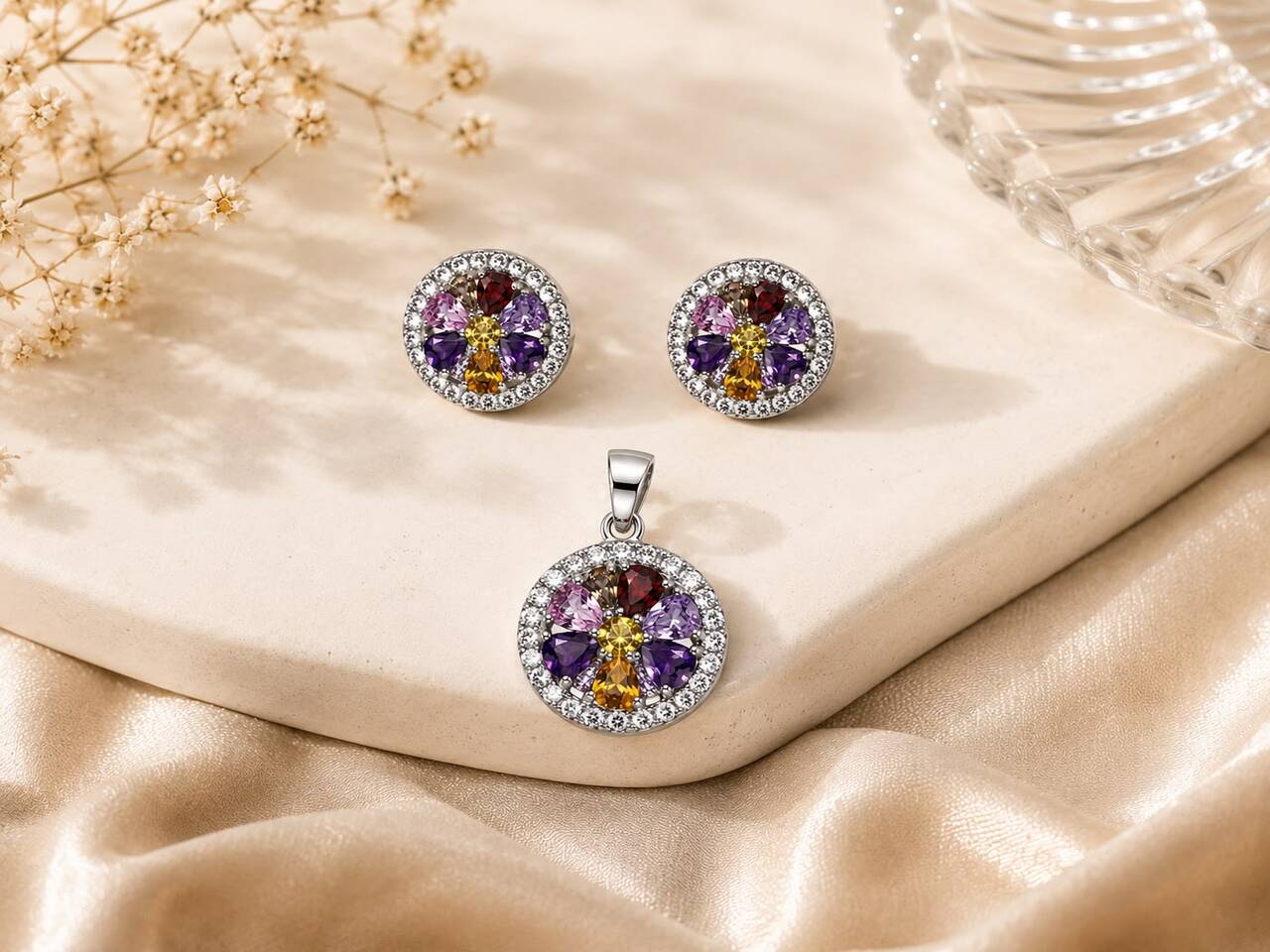 Harmony Bloom 925 Sterling Silver Pendant Set by Veera Aabha