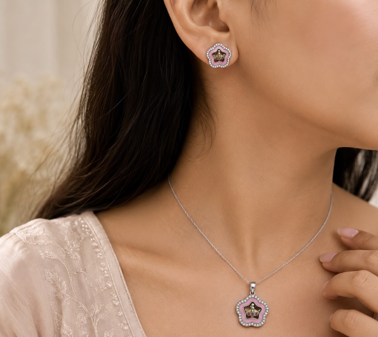 Royal Blossom Crown 925 Sterling Silver Pendant Set by Veera Aabha