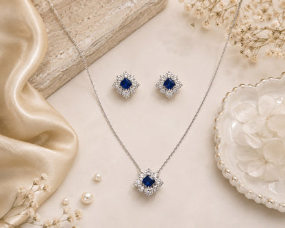 Royal Sapphire Halo Pendant Set | 925 Sterling Silver | Veera Aabha