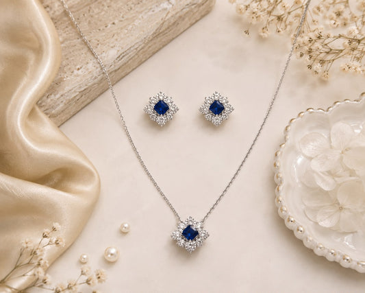 Royal Sapphire Halo Pendant Set | 925 Sterling Silver | Veera Aabha