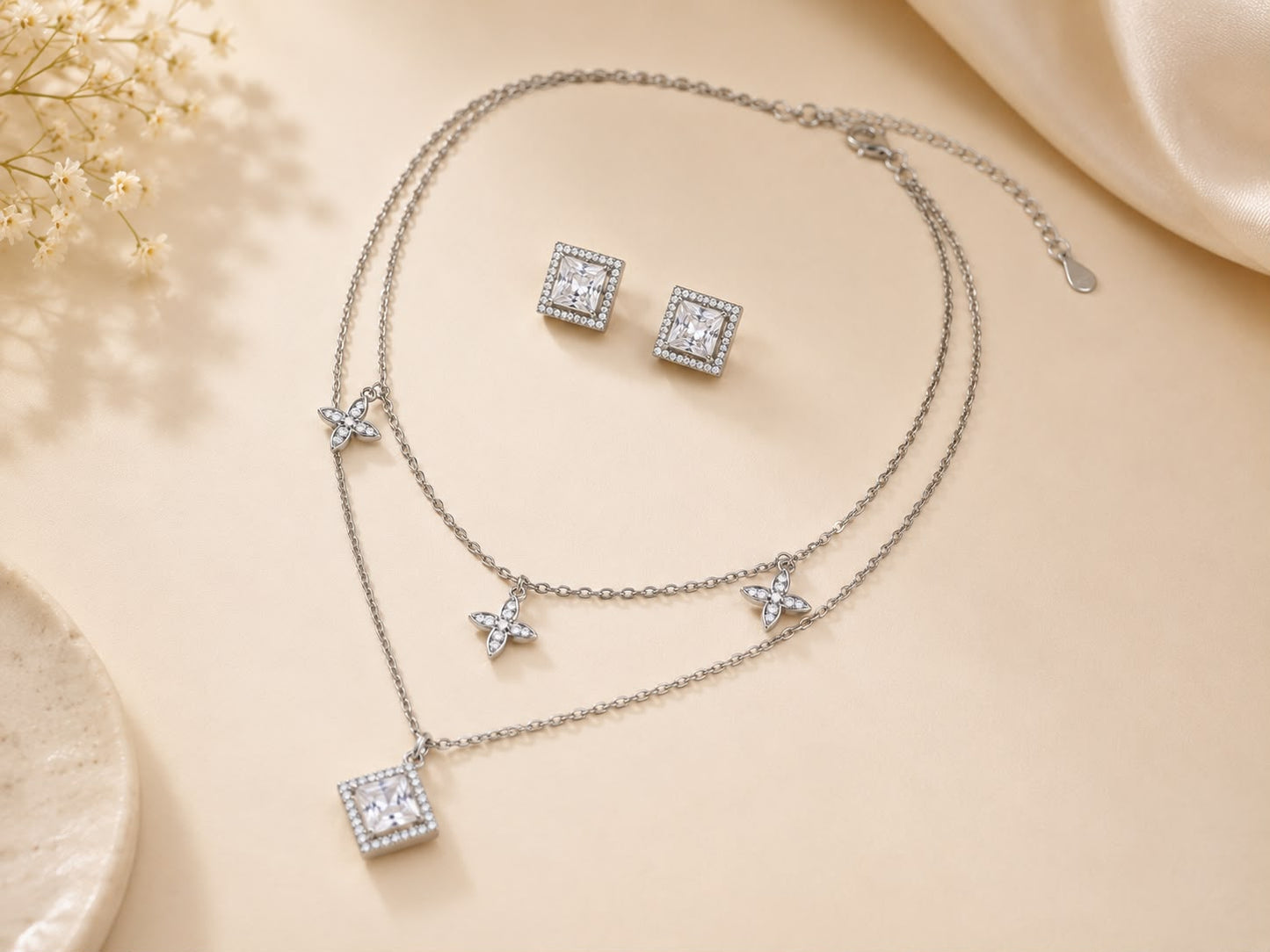 Celestial Bloom Layered Necklace Set | 925 Sterling Silver | Veera Aabha