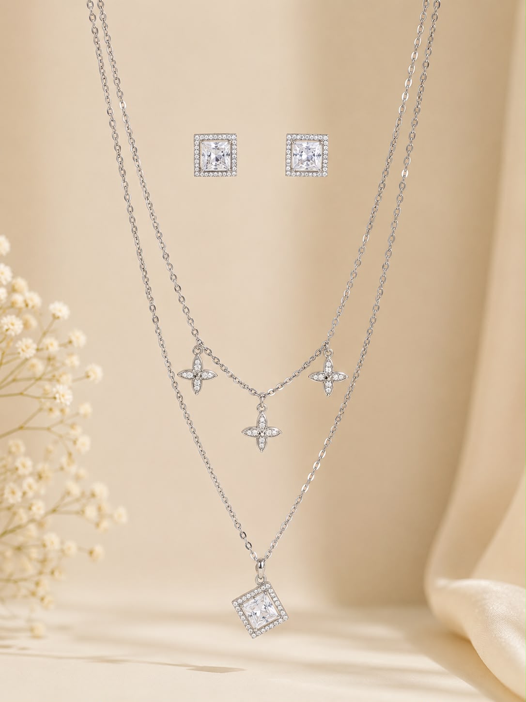 Celestial Bloom Layered Necklace Set | 925 Sterling Silver | Veera Aabha