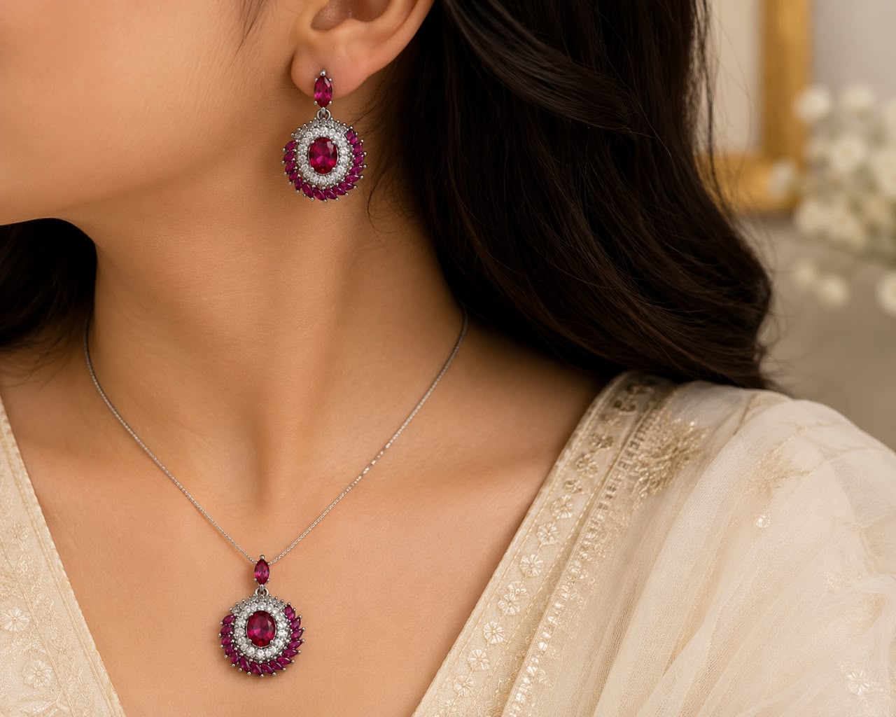 Ruby Royale 925 Sterling Silver Pendant Set by Veera Aabha