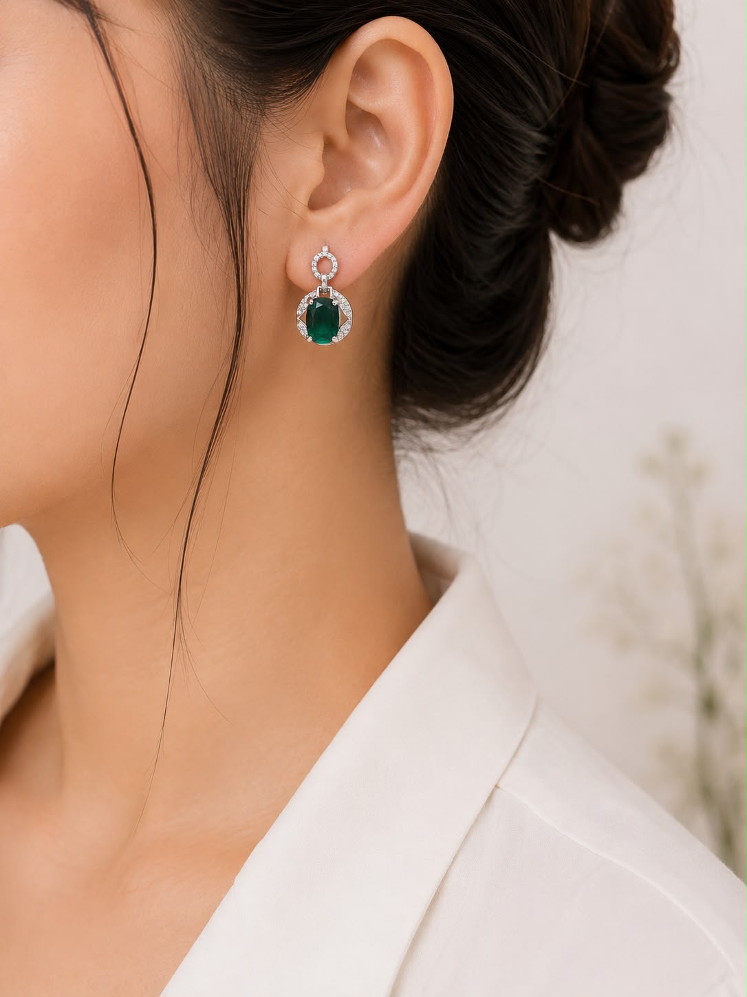 Emerald Halo Drop Earrings | 925 Sterling Silver | Veera Aabha