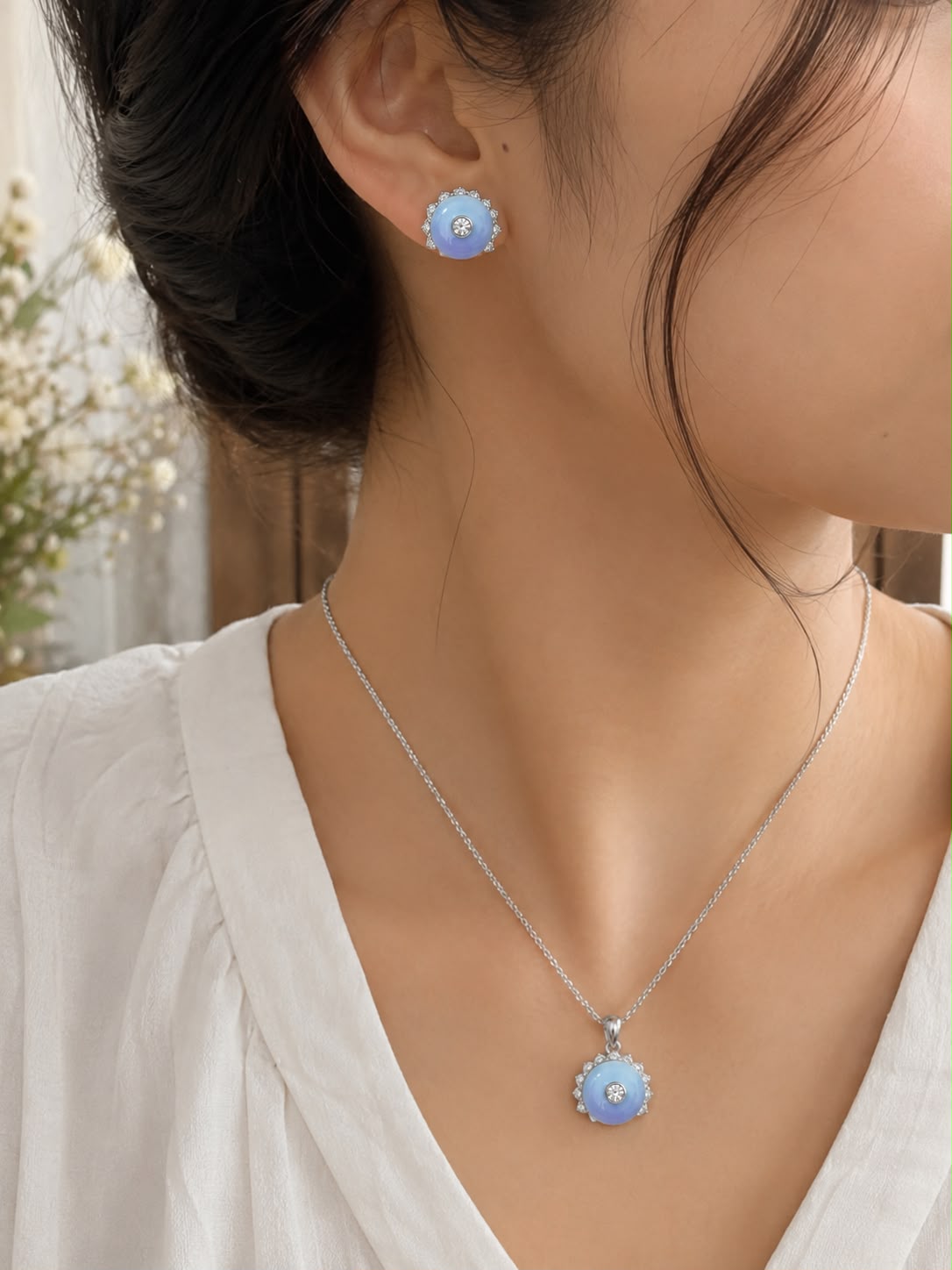 Azure Bloom 925 Sterling Silver Pendant Set by Veera Aabha