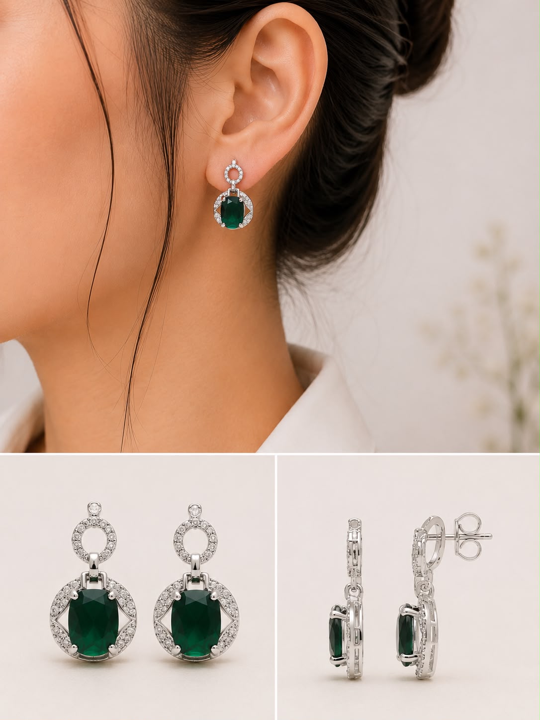 Emerald Halo Drop Earrings | 925 Sterling Silver | Veera Aabha