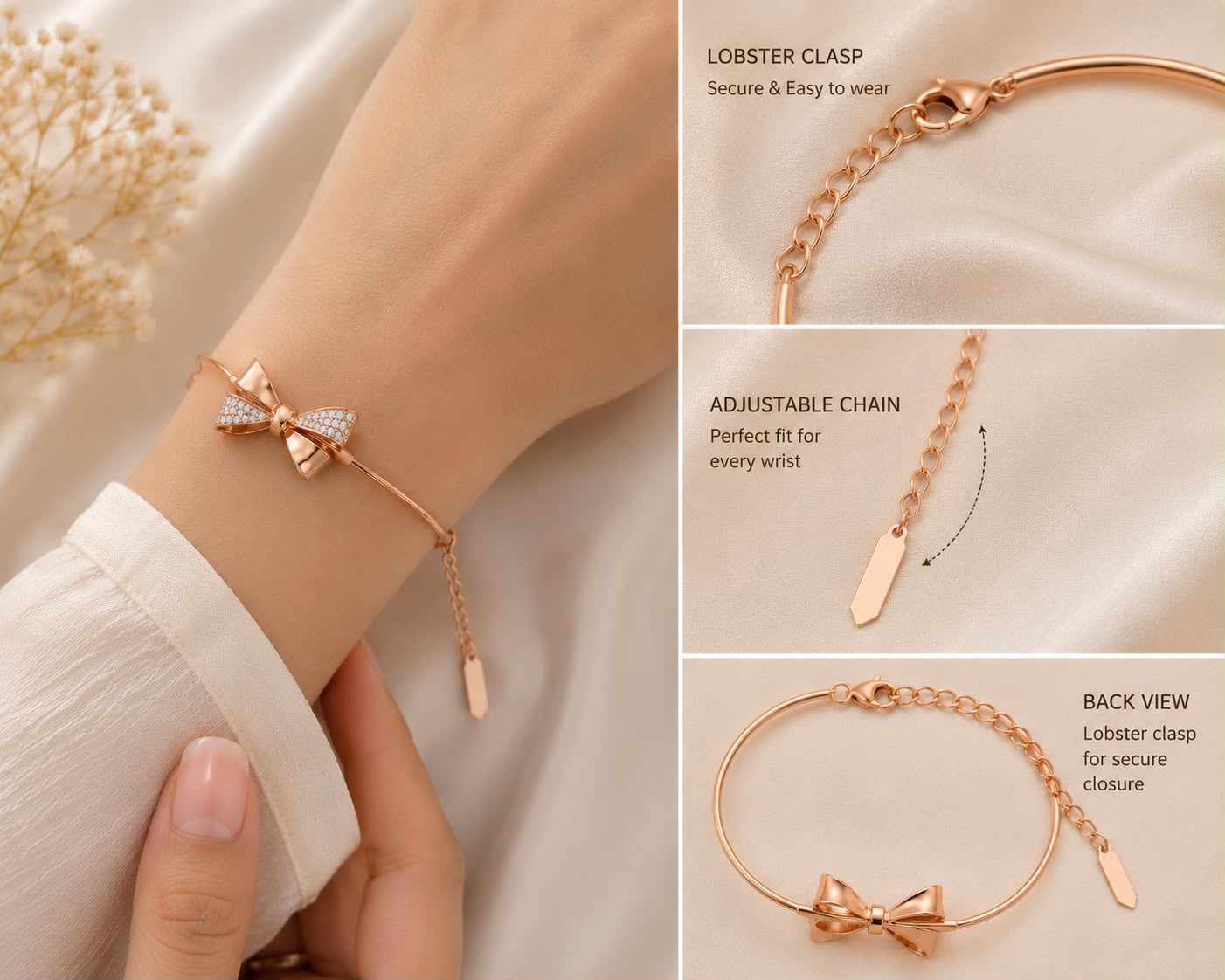 Rosé Bow Elegance Bracelet Kada | 925 Sterling Silver | Veera Aabha