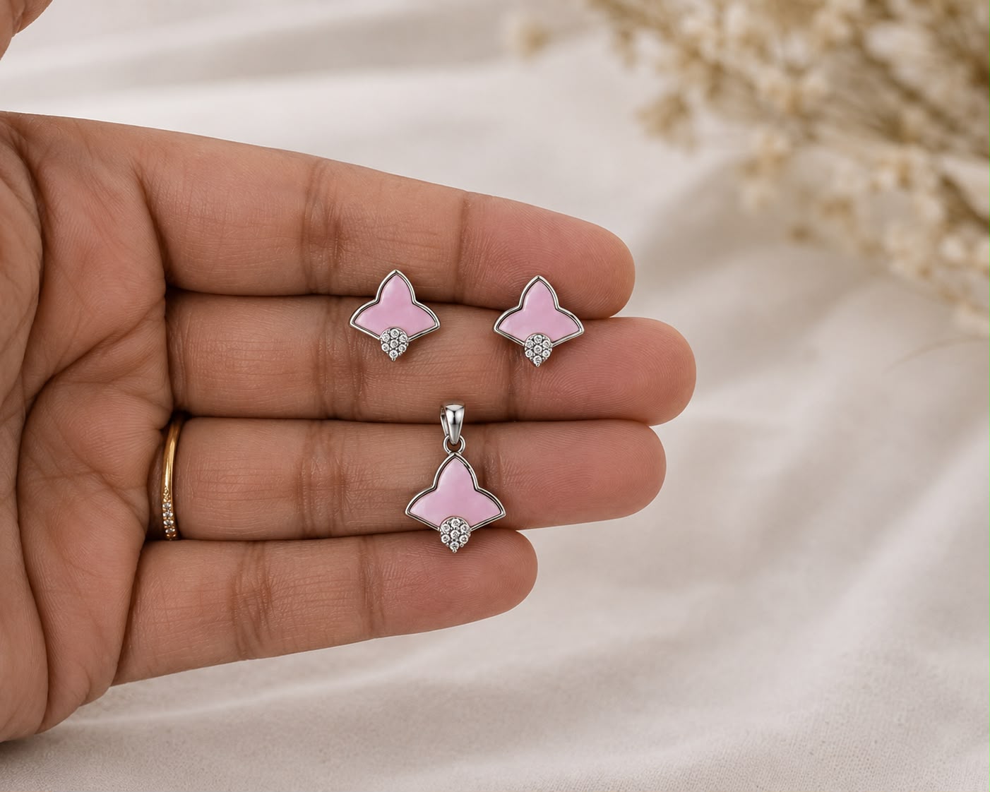 Blush Petal 925 Sterling Silver Pendant Set by Veera Aabha