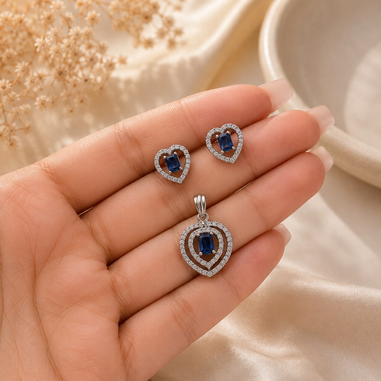 Sapphire Heart 925 Sterling Silver Pendant Set by Veera Aabha